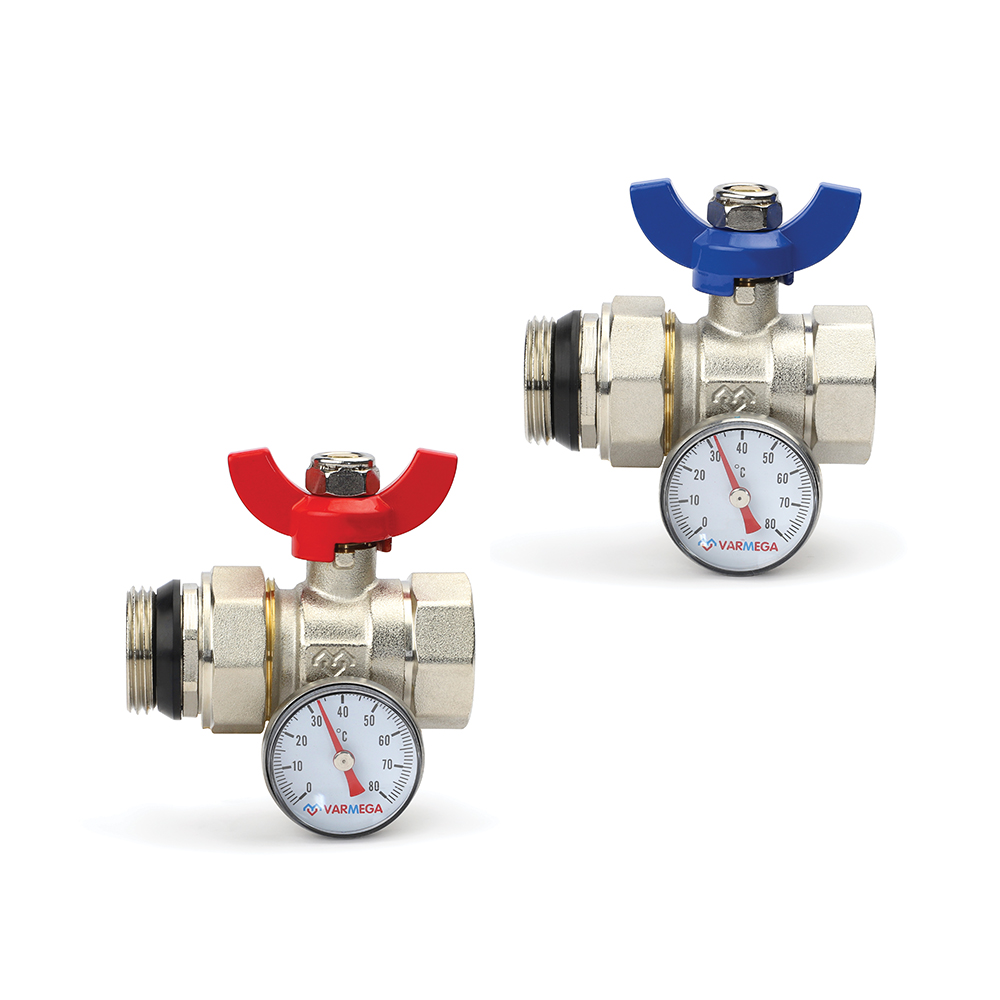 Комплект прямых шаровых кранов Varmega VM159 с разъемным соединением, с термометром