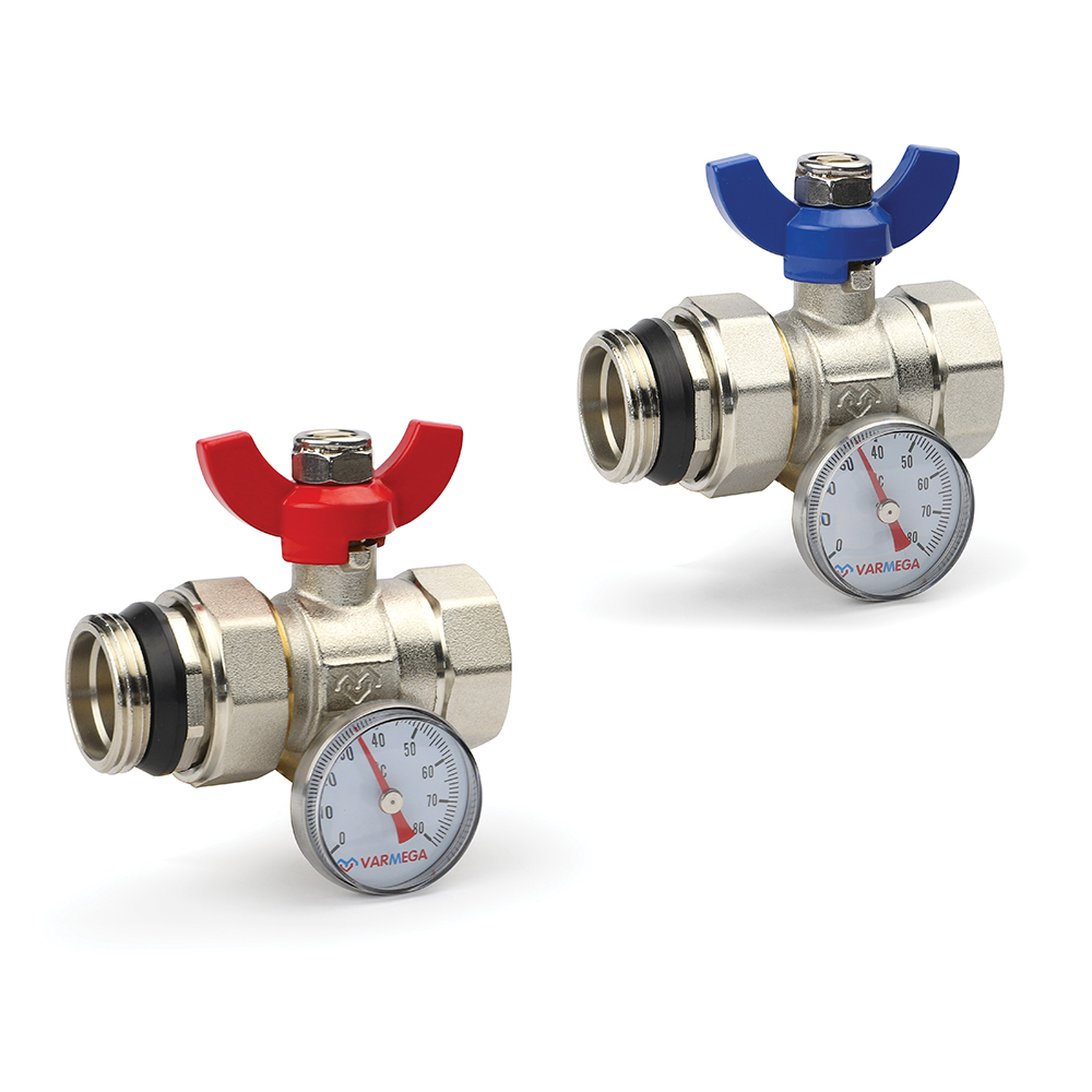 Комплект прямых шаровых кранов Varmega VM159 с разъемным соединением, с термометром — изображение 2